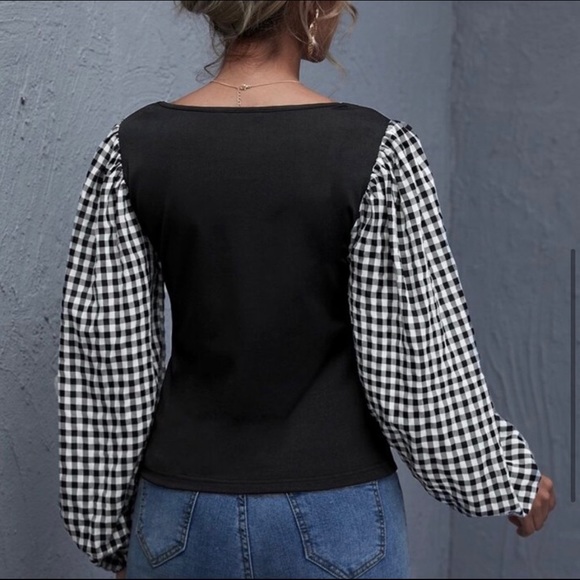 New! Clearance ๐ฅ Gingham Ballon Sleeve Top Black White Button up. - Picture 5 of 6